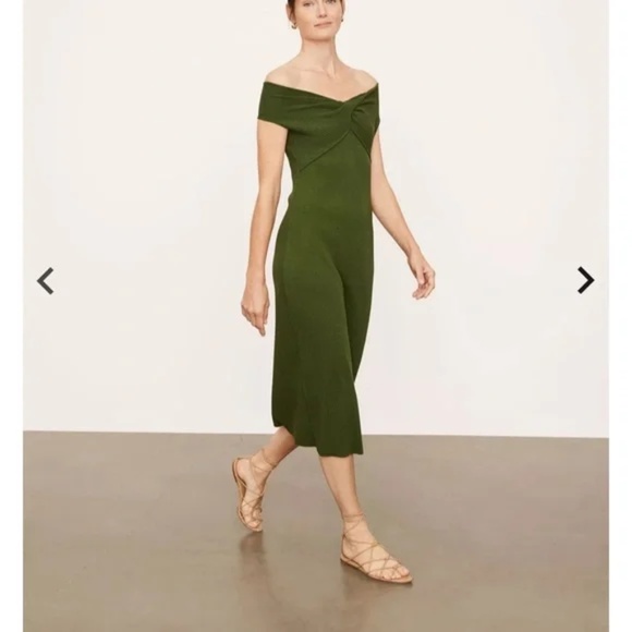 NEW Vince Ribbed Twist Midi Dress Green Off Shoulder - size small - Picture 2 of 4